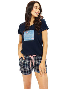 LOTIK - Women Cotton Navy Blue Checkred Printed T-Shirt and Shorts