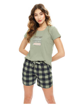 LOTIK - Women Cotton Green Checkred Printed T-Shirt and Shorts