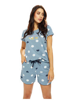 LOTIK - Women Cotton Sky Blue Polka Dots Printed T-Shirt and Shorts