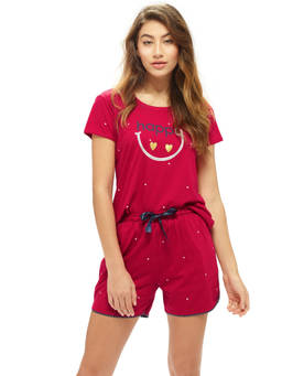 LOTIK - Women Cotton Maroon Little Heart Printed T-Shirt and Shorts
