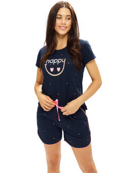 LOTIK - Women Cotton Navy Blue Little Heart Printed T-Shirt and Shorts