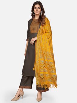Vbuyz - Printed Straight Cotton Blend Grey Stitched Kurta Palazzo With Dupatta(1916) (Set of 3)