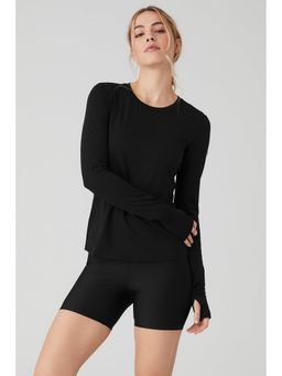 ap'pulse - Women's Round Neck Long Sleeve Thumb open T-shirt - Black