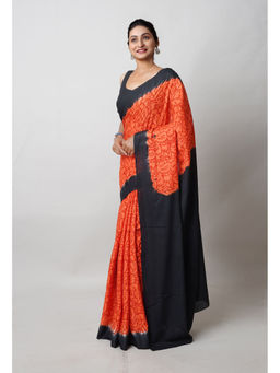 Unnati Silks - Orange Pure Hand Block Printed Soft Cotton Saree with Unstitched Blouse