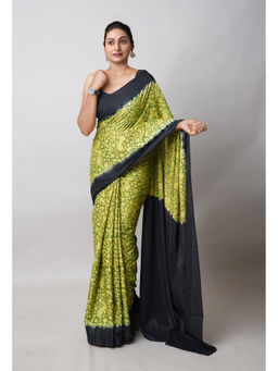 Unnati Silks - Green Pure Hand Block Printed Soft Cotton Saree with Unstitched Blouse