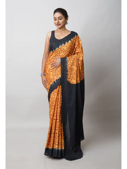 Unnati Silks - Mustard Pure Hand Block Printed Soft Cotton Saree with Unstitched Blouse
