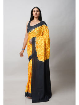 Unnati Silks - Yellow Pure Hand Block Printed Soft Cotton Saree with Unstitched Blouse