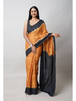 Unnati Silks - Mustard Pure Hand Block Printed Soft Cotton Saree with Unstitched Blouse