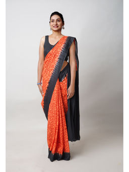 Unnati Silks - Orange Pure Hand Block Printed Soft Cotton Saree with Unstitched Blouse