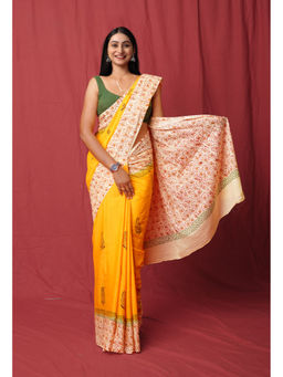 Unnati Silks - Yellow Pure Hand Block Printed Soft Cotton Saree with Unstitched Blouse