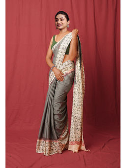 Unnati Silks - Grey Pure Hand Block Printed Soft Cotton Saree with Unstitched Blouse
