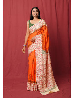 Unnati Silks - Orange Pure Hand Block Printed Soft Cotton Saree with Unstitched Blouse