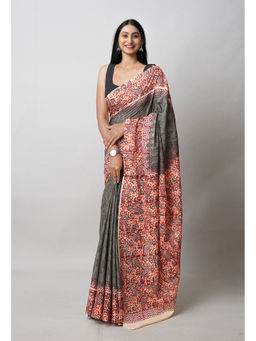 Unnati Silks - Grey Pure Hand Block Printed Soft Cotton Saree with Unstitched Blouse