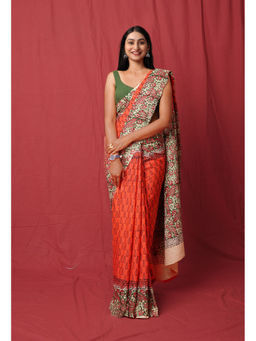 Unnati Silks - Orange Pure Hand Block Printed Soft Cotton Saree with Unstitched Blouse