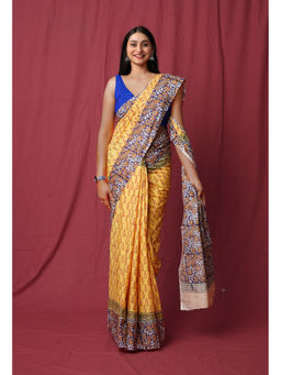 Unnati Silks - Yellow Pure Hand Block Printed Soft Cotton Saree with Unstitched Blouse