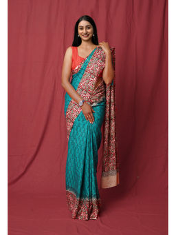 Unnati Silks - Green Pure Hand Block Printed Soft Cotton Saree with Unstitched Blouse