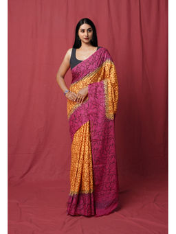 Unnati Silks - Mustard Pure Hand Block Printed Soft Cotton Saree with Unstitched Blouse