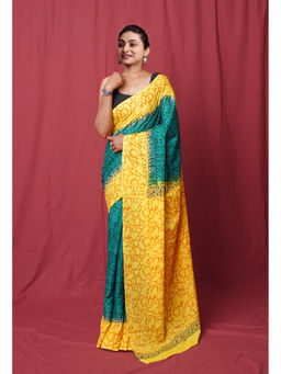 Unnati Silks - Green Pure Hand Block Printed Soft Cotton Saree with Unstitched Blouse