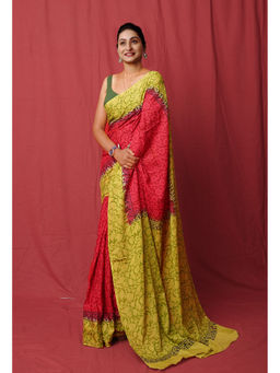 Unnati Silks - Red Pure Hand Block Printed Soft Cotton Saree with Unstitched Blouse