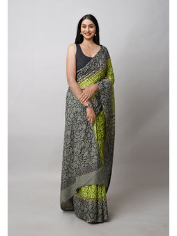 Unnati Silks - Green Pure Hand Block Printed Soft Cotton Saree with Unstitched Blouse