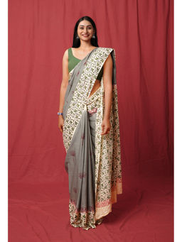 Unnati Silks - Grey Pure Hand Block Printed Soft Cotton Saree with Unstitched Blouse