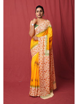 Unnati Silks - Yellow Pure Hand Block Printed Soft Cotton Saree with Unstitched Blouse