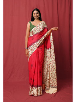 Unnati Silks - Red Pure Hand Block Printed Soft Cotton Saree with Unstitched Blouse