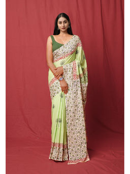 Unnati Silks - Green Pure Hand Block Printed Soft Cotton Saree with Unstitched Blouse