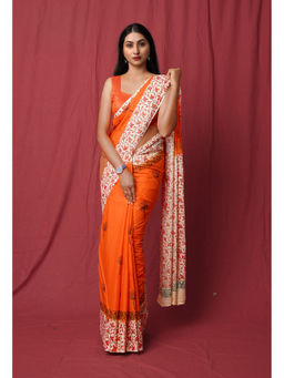 Unnati Silks - Orange Pure Hand Block Printed Soft Cotton Saree with Unstitched Blouse