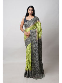 Unnati Silks - Green Pure Hand Block Printed Soft Cotton Saree with Unstitched Blouse