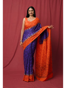 Unnati Silks - Violet Pure Hand Block Printed Soft Cotton Saree with Unstitched Blouse