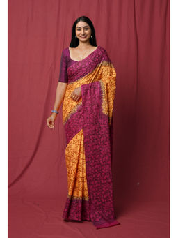 Unnati Silks - Mustard Pure Hand Block Printed Soft Cotton Saree with Unstitched Blouse