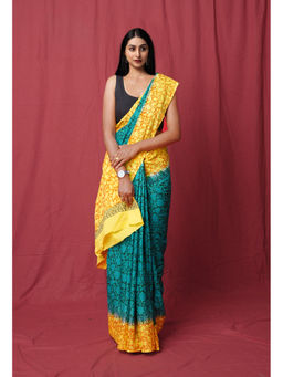 Unnati Silks - Green Pure Hand Block Printed Soft Cotton Saree with Unstitched Blouse