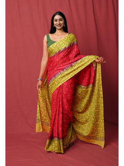 Unnati Silks - Red Pure Hand Block Printed Soft Cotton Saree with Unstitched Blouse