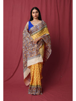 Unnati Silks - Yellow Pure Hand Block Printed Soft Cotton Saree with Unstitched Blouse