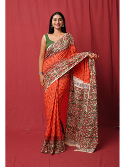 Unnati Silks - Orange Pure Hand Block Printed Soft Cotton Saree with Unstitched Blouse