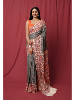 Unnati Silks - Grey Pure Hand Block Printed Soft Cotton Saree with Unstitched Blouse