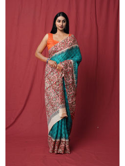 Unnati Silks - Green Pure Hand Block Printed Soft Cotton Saree with Unstitched Blouse