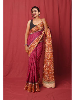 Unnati Silks - Pink Pure Hand Block Printed Soft Cotton Saree with Unstitched Blouse