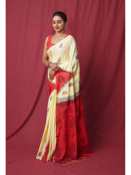 Unnati Silks - Yellow Pure Hand Block Printed Soft Cotton Saree with Unstitched Blouse