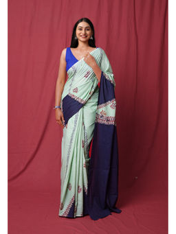 Unnati Silks - Green Pure Hand Block Printed Soft Cotton Saree with Unstitched Blouse