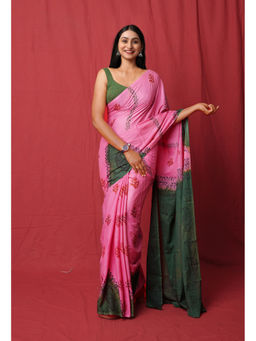 Unnati Silks - Pink Pure Hand Block Printed Soft Cotton Saree with Unstitched Blouse