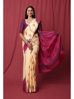 Unnati Silks - Cream Pure Hand Block Printed Soft Cotton Saree with Unstitched Blouse