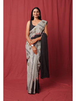 Unnati Silks - Grey Pure Hand Block Printed Soft Cotton Saree with Unstitched Blouse