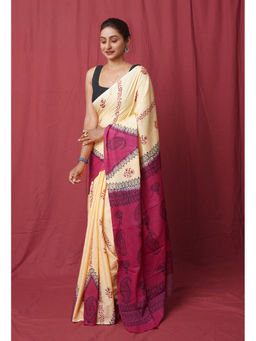 Unnati Silks - Cream Pure Hand Block Printed Soft Cotton Saree with Unstitched Blouse