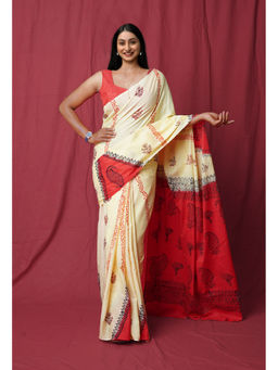 Unnati Silks - Cream Pure Hand Block Printed Soft Cotton Saree with Unstitched Blouse