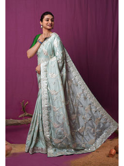 Unnati Silks - Green Gota Patti And Zardosi Work Soft Silk Saree with Unstitched Blouse
