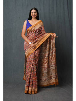 Unnati Silks - Red Pure Bagru Printed Maheshwari Sico Saree with Unstitched Blouse