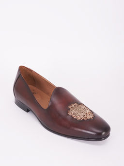 Bubber Couture - Dark Brown And Gold Insignia Embroidered Italian Leather Mojaris