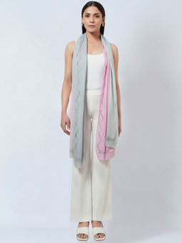 First Resort by Ramola Bachchan - Pink and Grey Ombre Embellished Cashmere Stole
